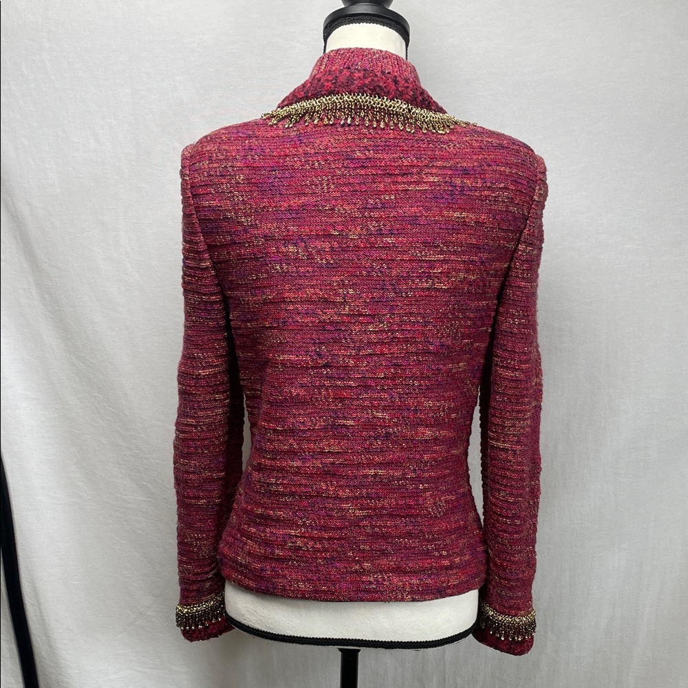 ST. JOHN couture Tweed Jacket Rich Burgundy gold crystal chain beaded fringe - Picture 7 of 17